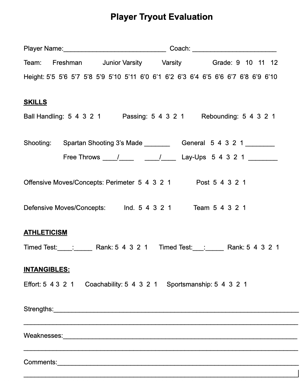 Individual Player Evaluation Tryout Form